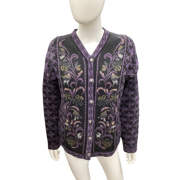 Cherry Lewis Cardigan Women’s Size M 100% Wool V-Neck Short Flower Motif Purple - Picture 1 of 5